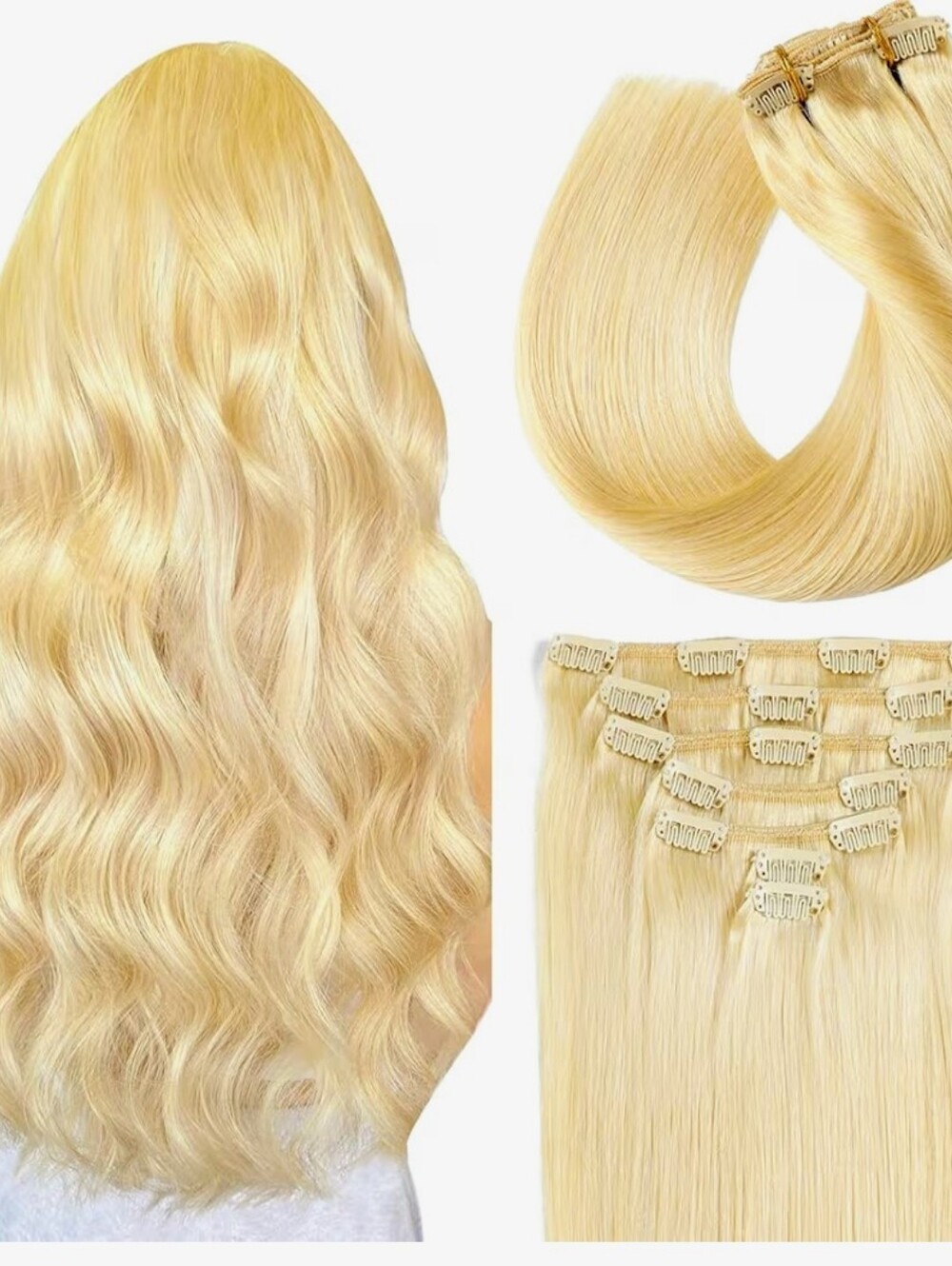 Remy Human Hair Clip in Extensions 7 Piece Double Weft 18" Bleach Blonde 80G